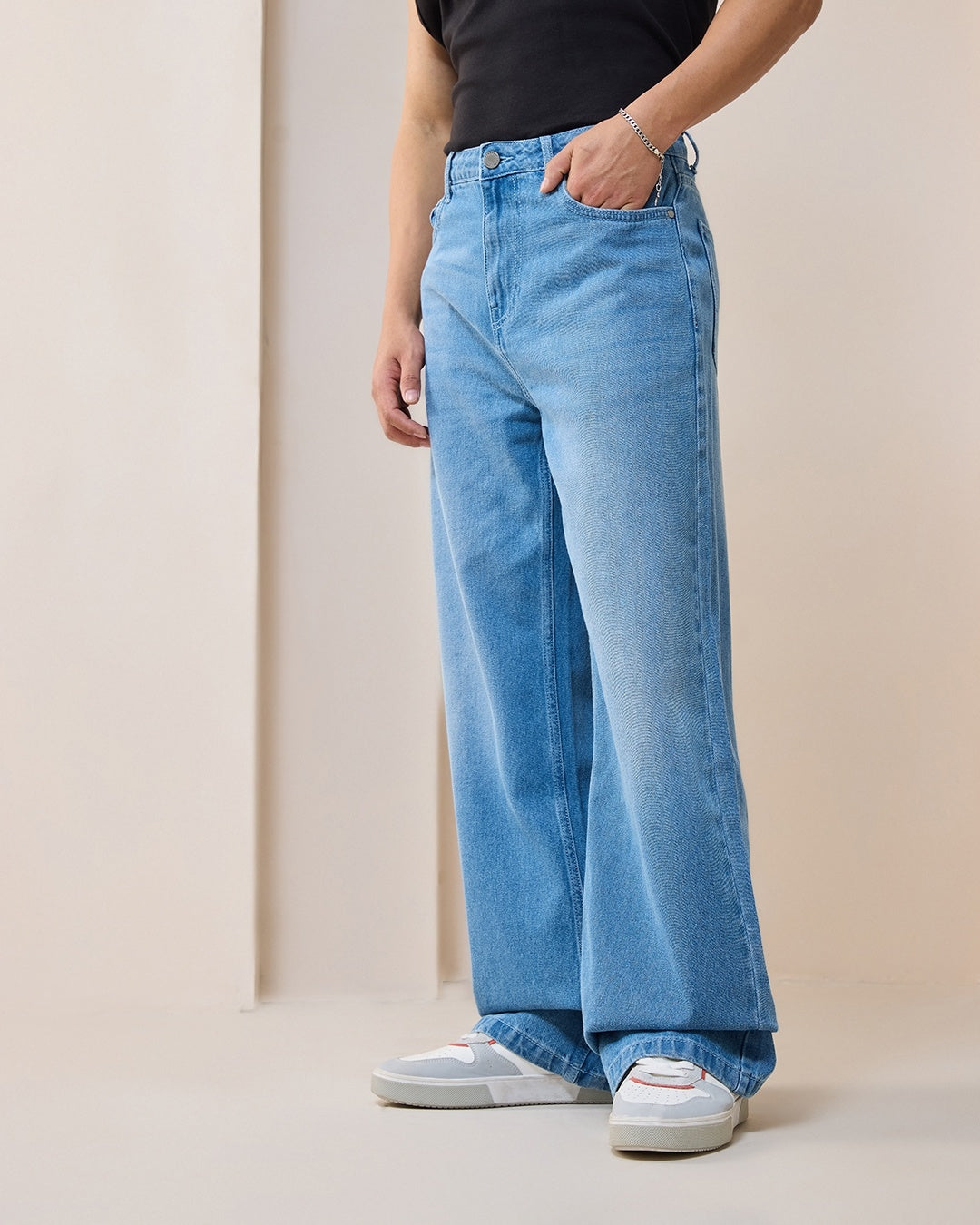 Men's Blue Washed Super Baggy Fit Mid-Rise Jeans