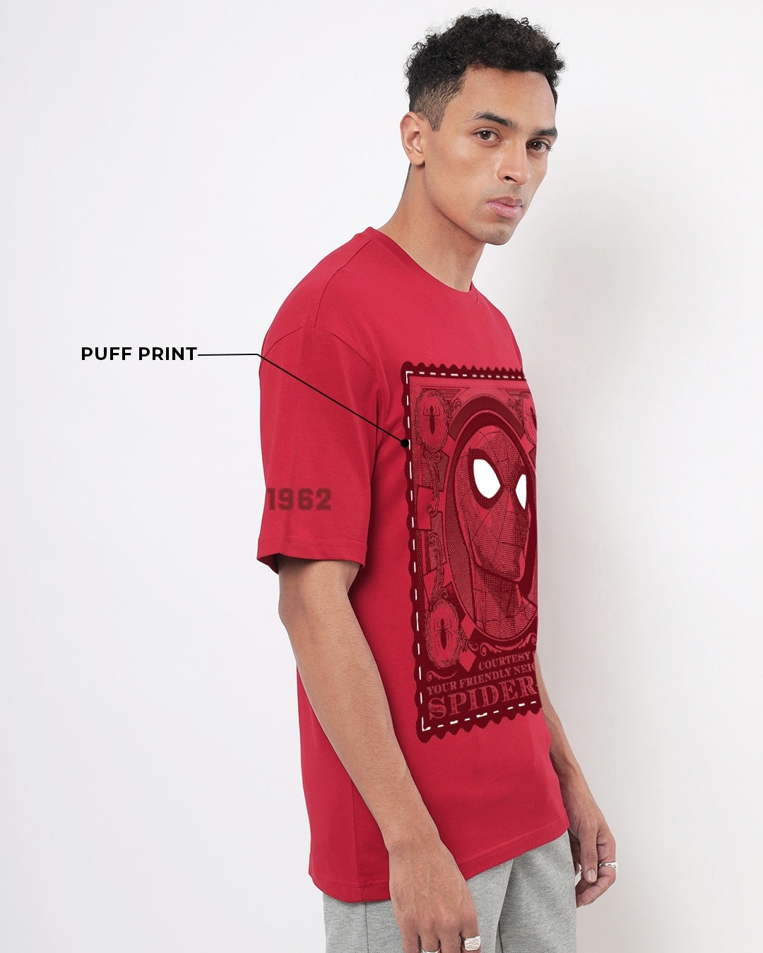 Men's Red Friendly Neighbour Graphic Printed Oversized T-shirt