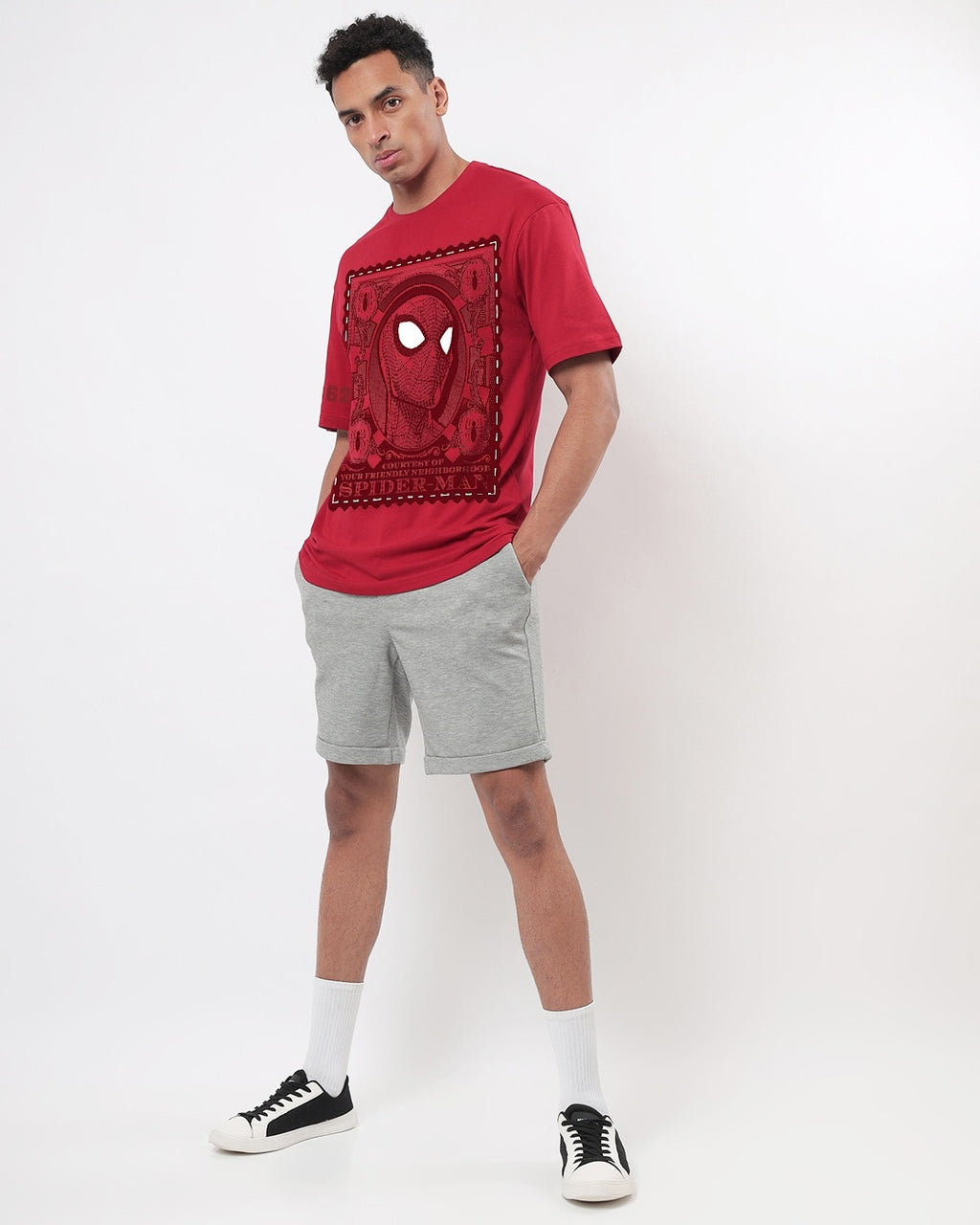 Men's Red Friendly Neighbour Graphic Printed Oversized T-shirt