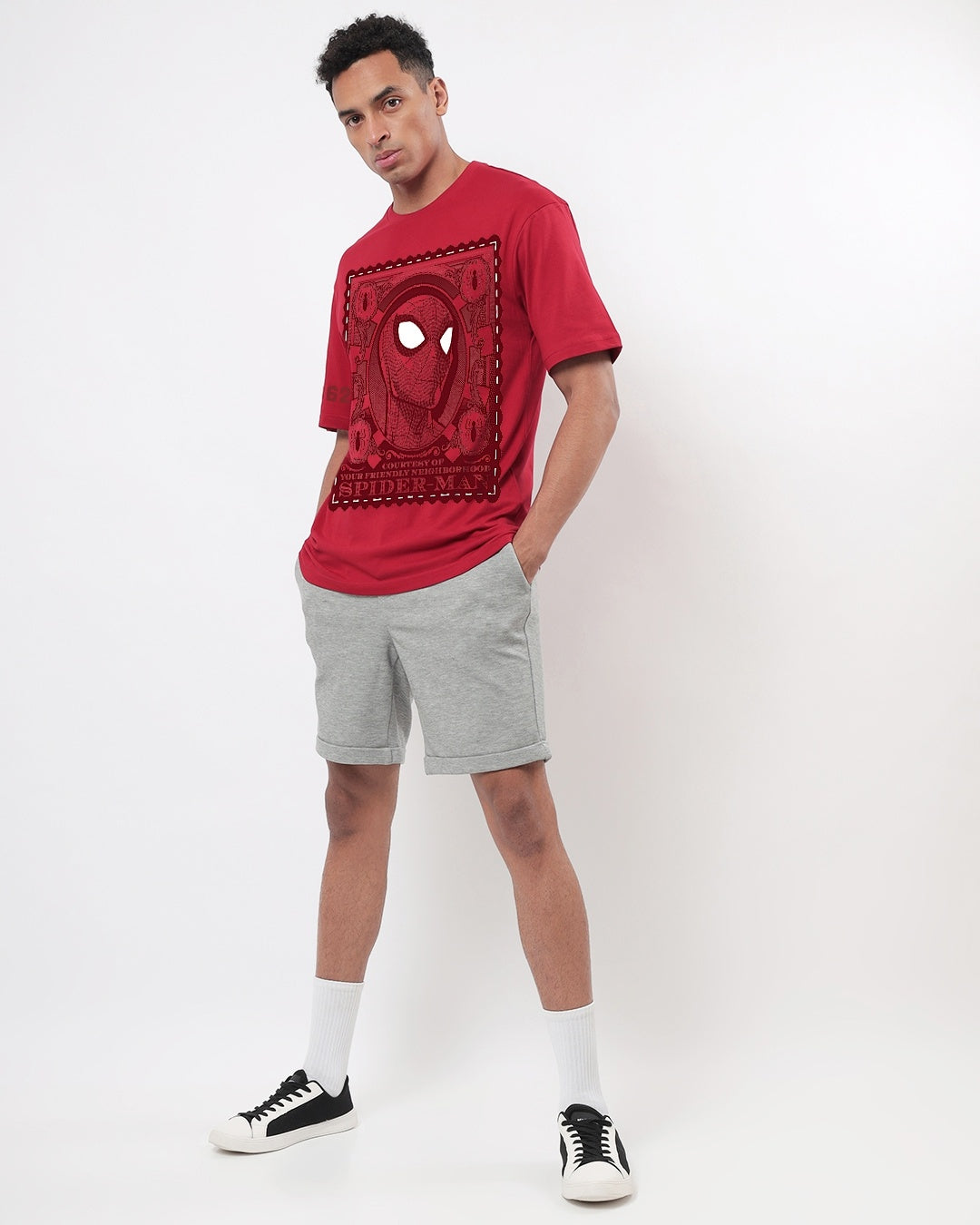 Men's Red Friendly Neighbour Graphic Printed Oversized T-shirt