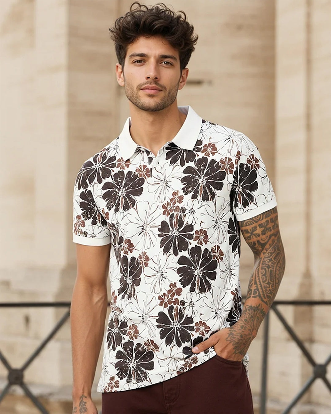 Men's White & Chocloate Brown All Over Printed Polo T-shirt Morrislane image 1