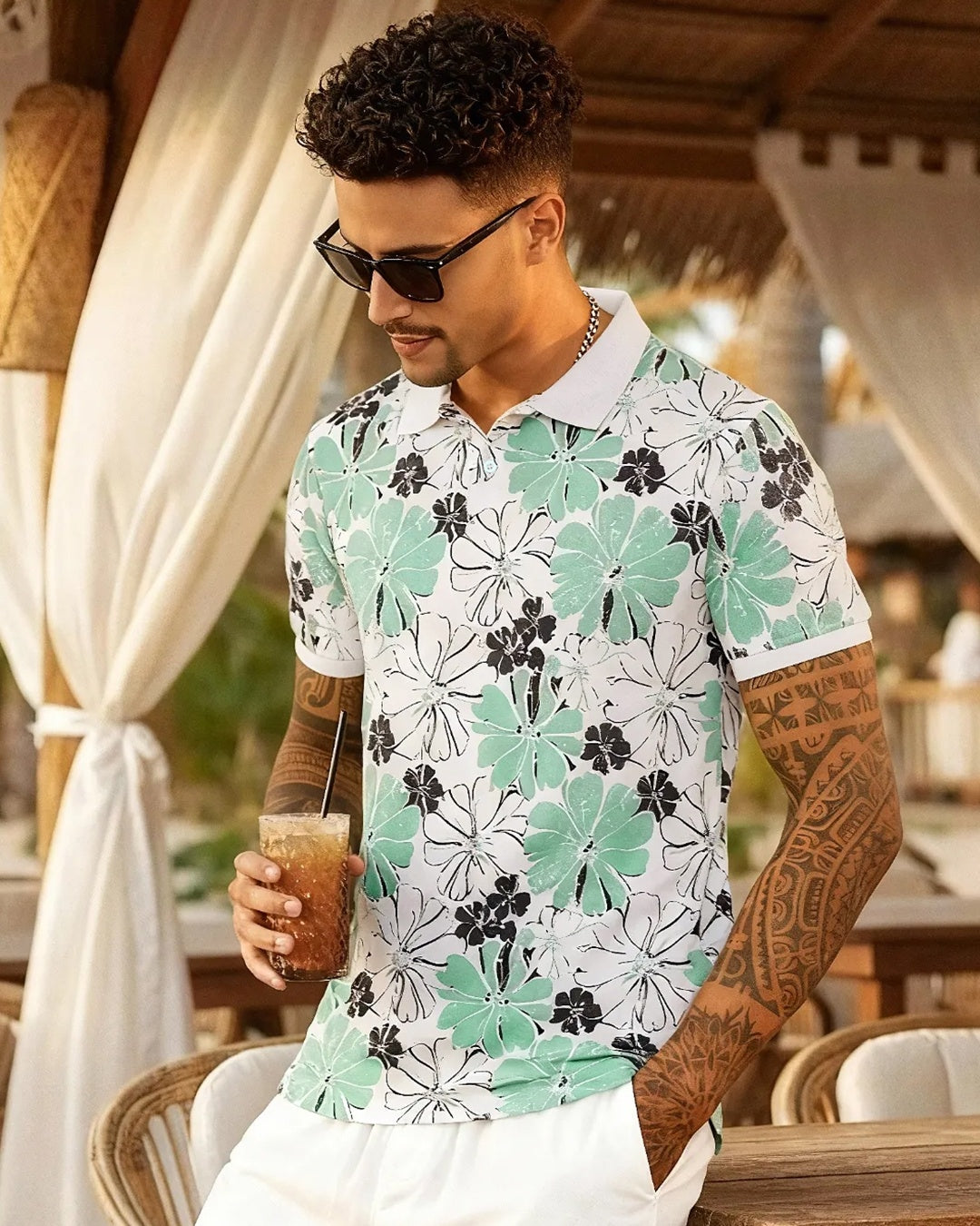 Men's White & Green All Over Printed Polo T-shirt Morrislane image 1