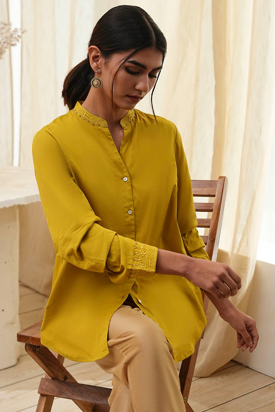 Honey Mustard Cotton Solid High-Low Shirt K60