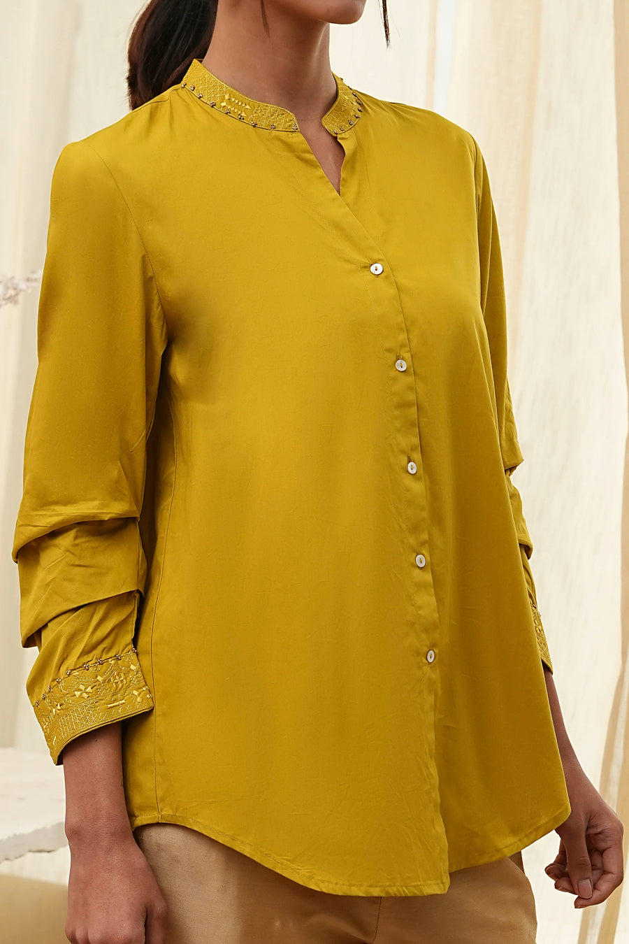 Honey Mustard Cotton Solid High-Low Shirt K60