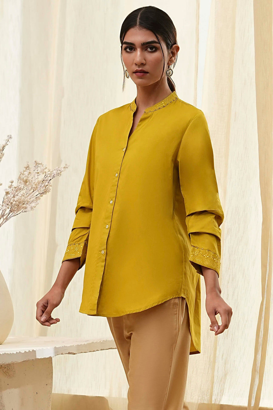 Honey Mustard Cotton Solid High-Low Shirt K60