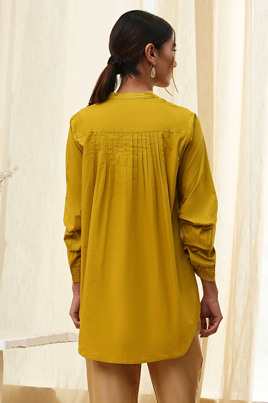 Honey Mustard Cotton Solid High-Low Shirt K60