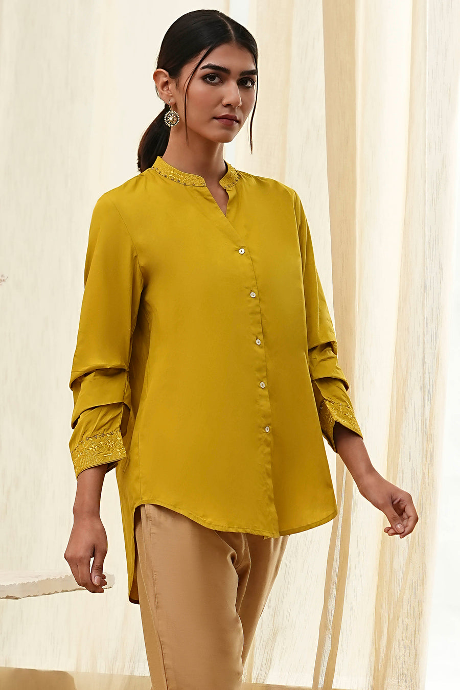 Honey Mustard Cotton Solid High-Low Shirt K60