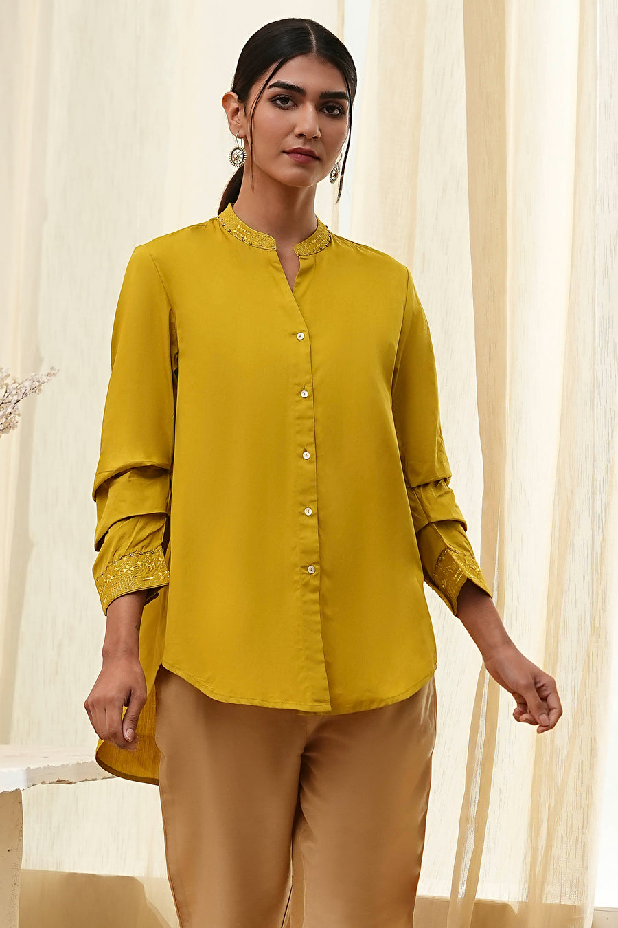 Honey Mustard Cotton Solid High-Low Shirt K60