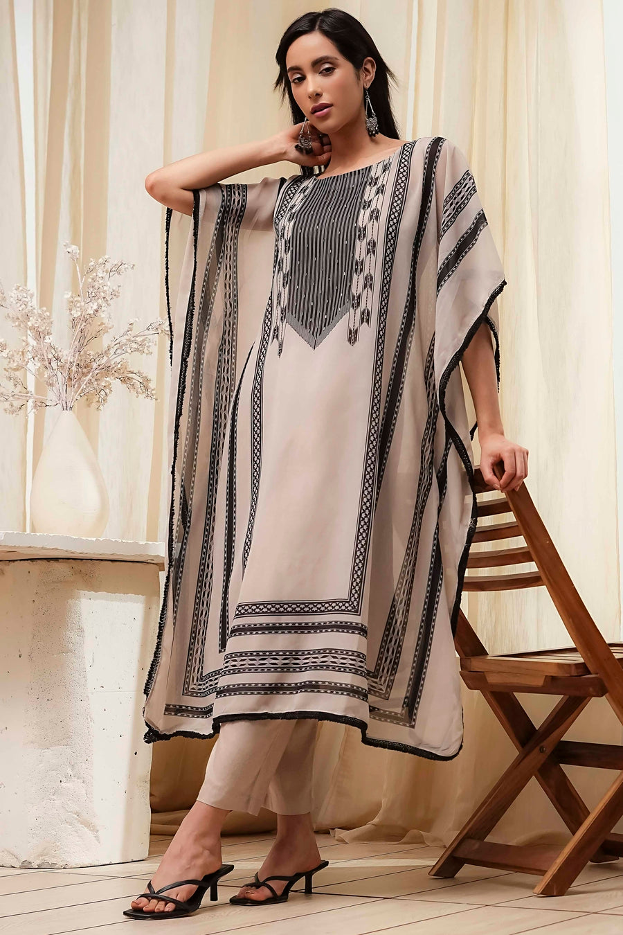 Beige and Black Printed Kaftan-Style Kurta Set CO87