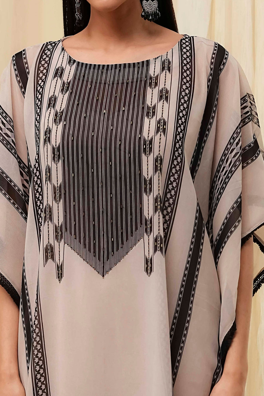 Beige and Black Printed Kaftan-Style Kurta Set CO87