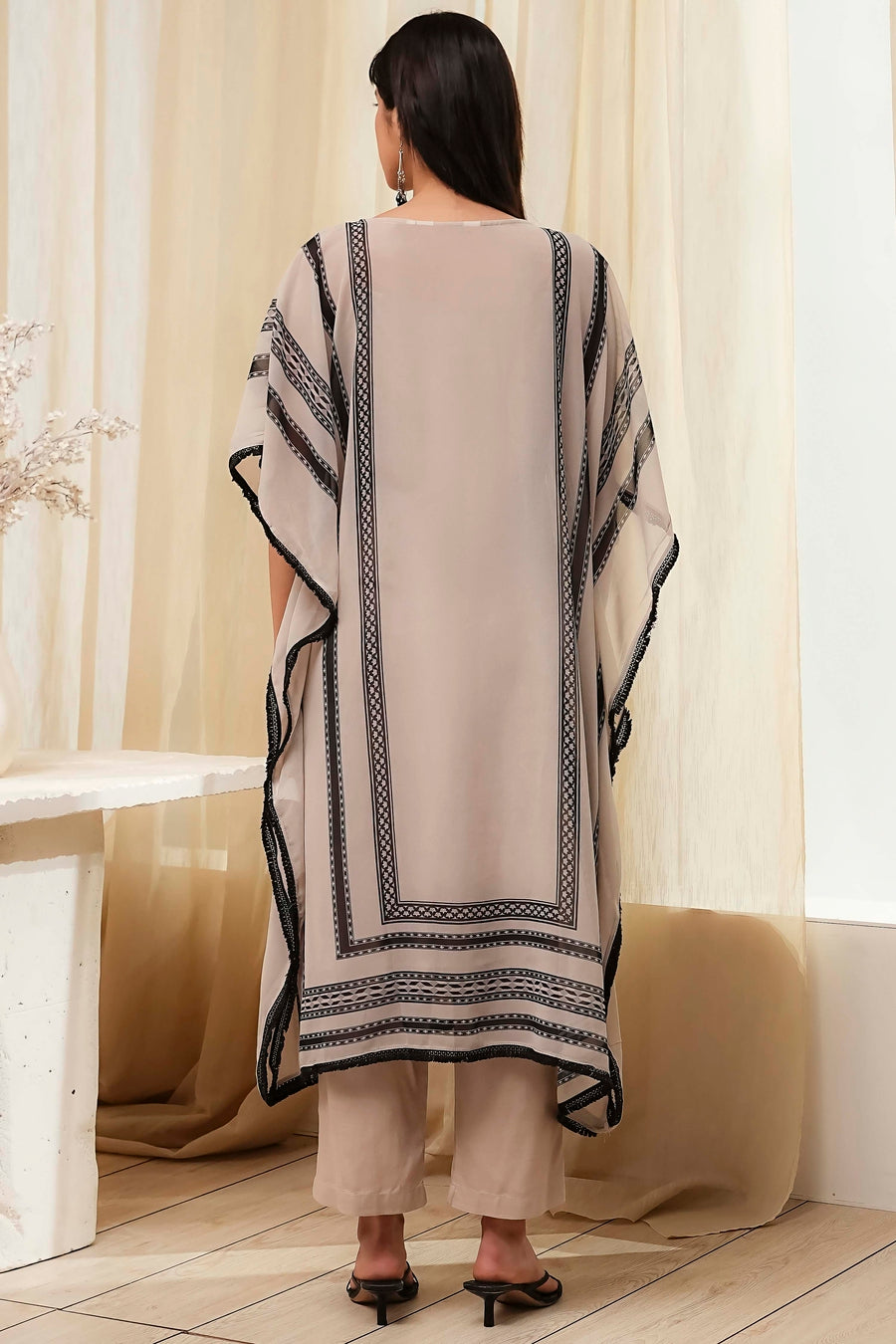 Beige and Black Printed Kaftan-Style Kurta Set CO87
