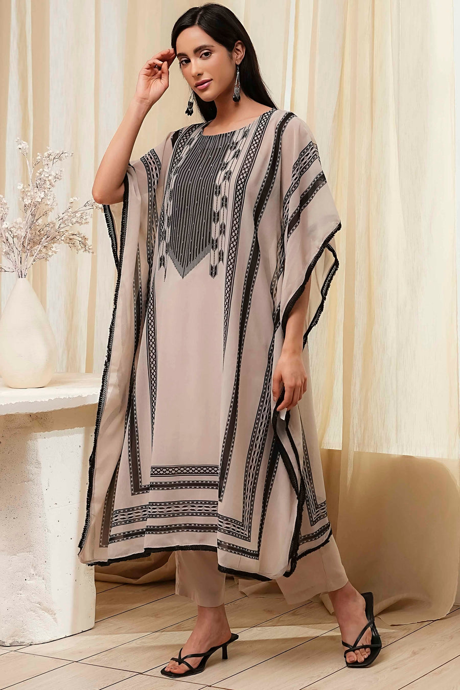 Beige and Black Printed Kaftan-Style Kurta Set CO87