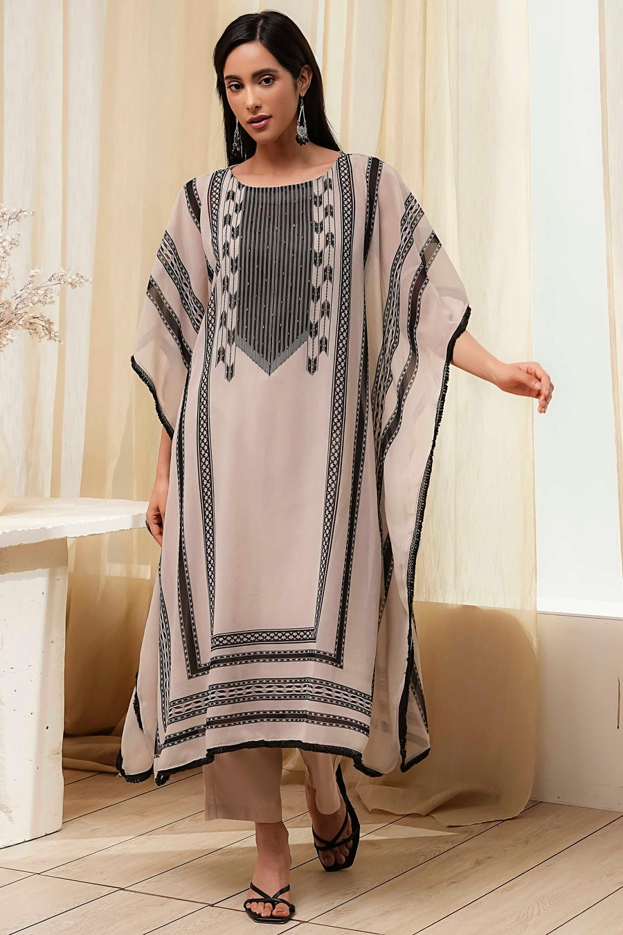 Beige and Black Printed Kaftan-Style Kurta Set CO87