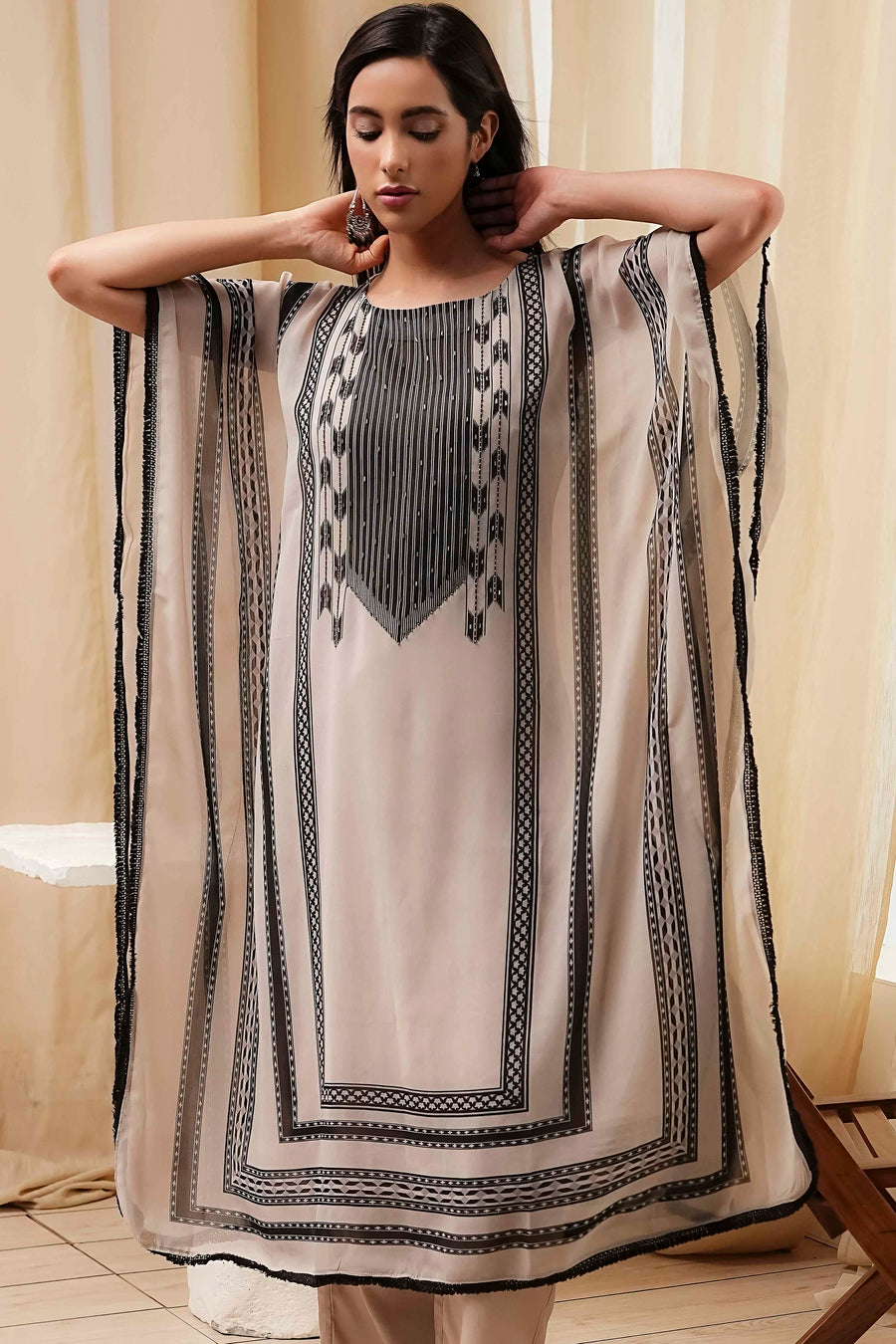 Beige and Black Printed Kaftan-Style Kurta Set CO87