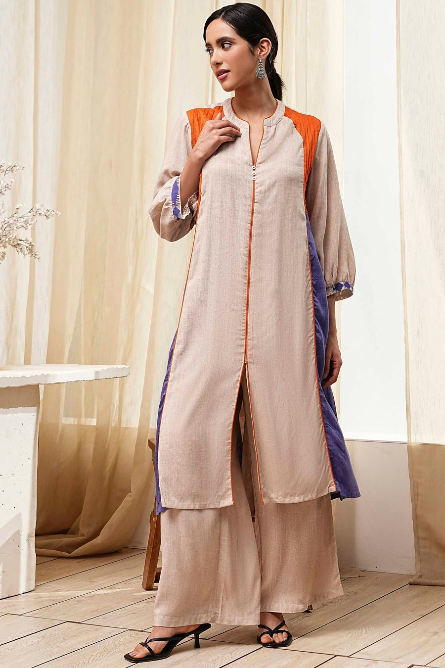 Beige Straight Printed Kurta Set CO87