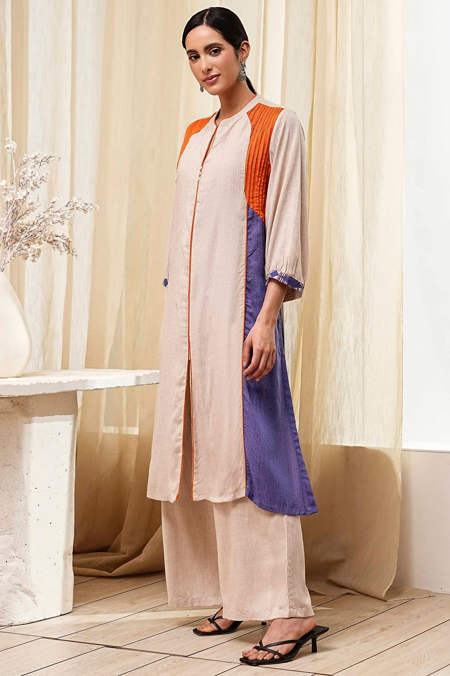 Beige Straight Printed Kurta Set CO87