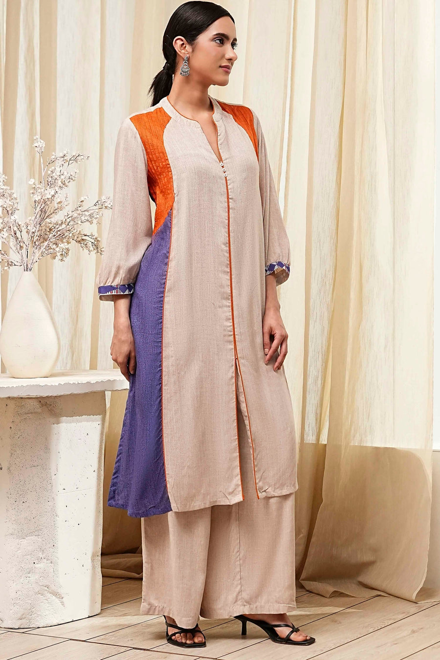 Beige Straight Printed Kurta Set CO87