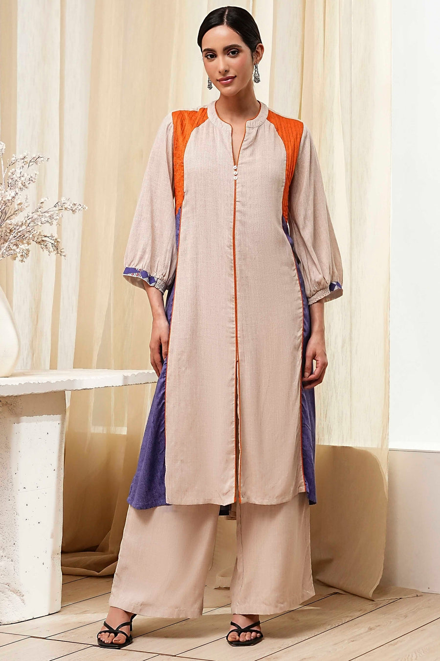 Beige Straight Printed Kurta Set CO87
