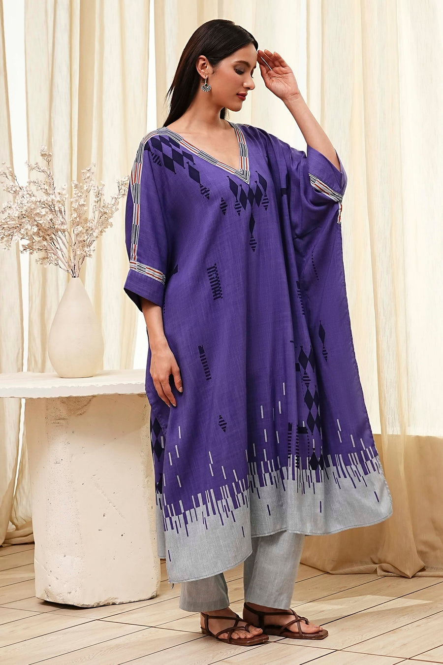 Blue Printed Kaftan-Style Kurta Set CO87