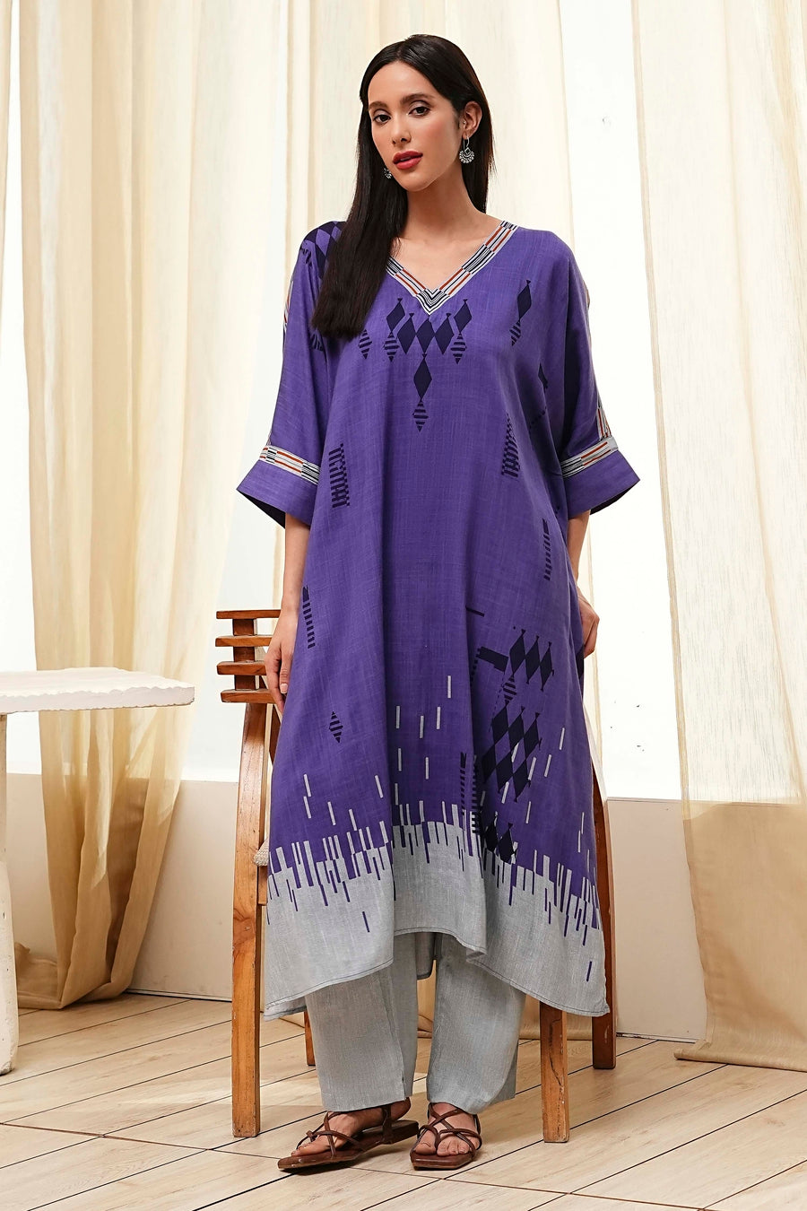 Blue Printed Kaftan-Style Kurta Set CO87