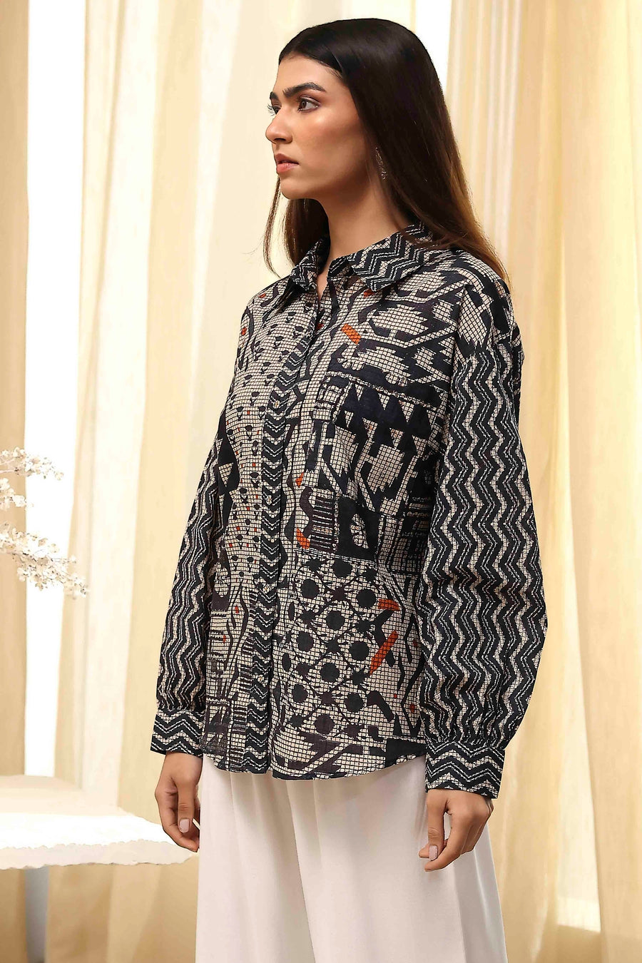 Black Cotton Printed Straight Shirt K60