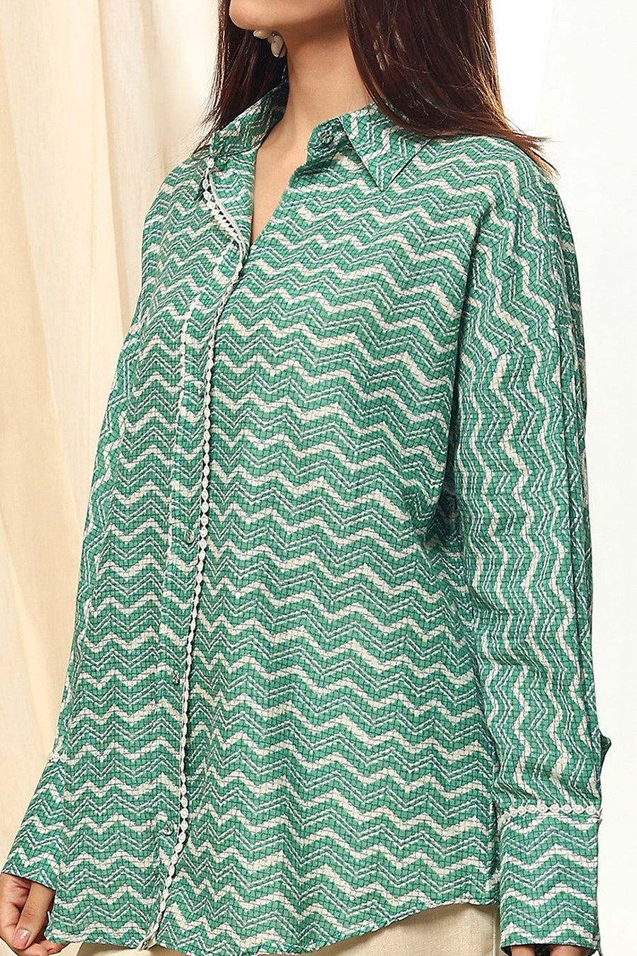 Green Cotton Printed Straight Shirt K60