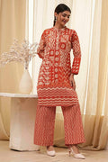 Rust Pure Cotton Printed Kurta Set CO87