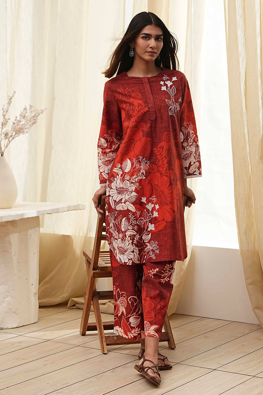 Rust Cotton Floral Straight Kurta Set CO87
