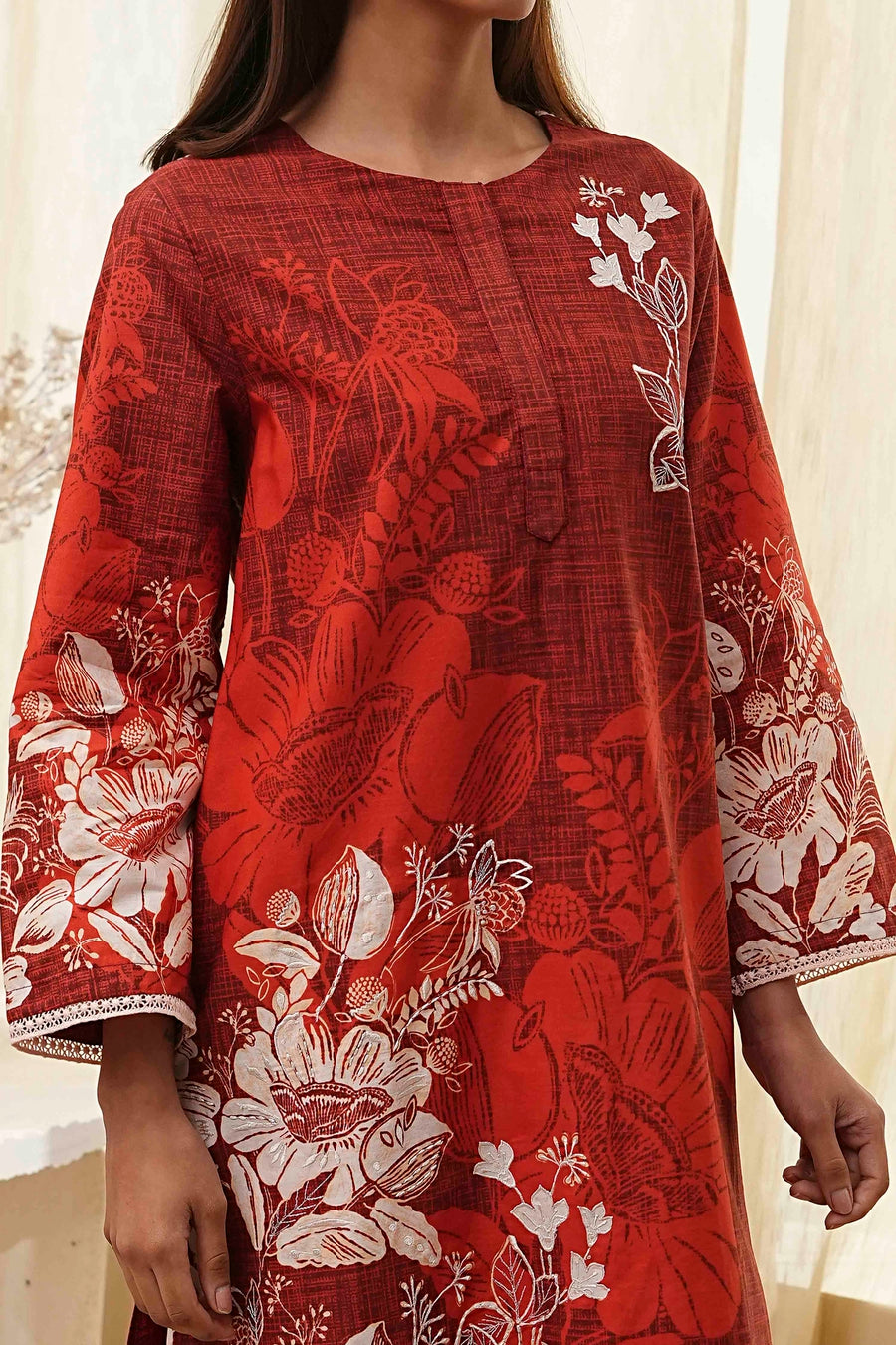 Rust Cotton Floral Straight Kurta Set CO87