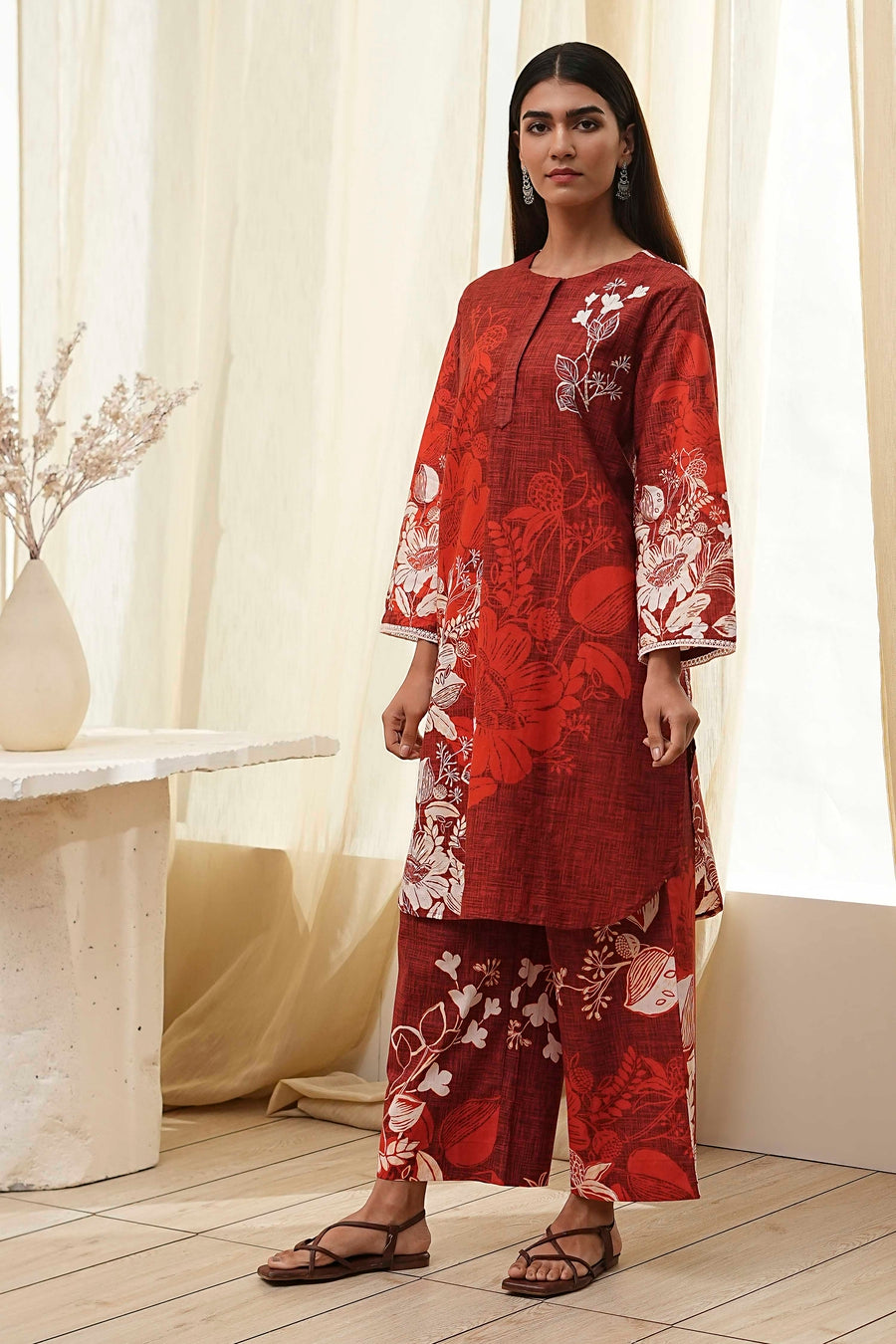 Rust Cotton Floral Straight Kurta Set CO87