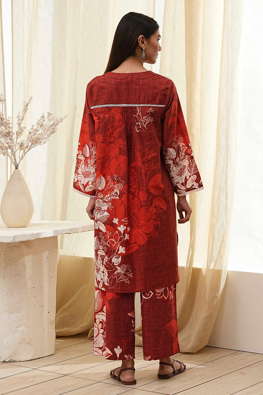 Rust Cotton Floral Straight Kurta Set CO87