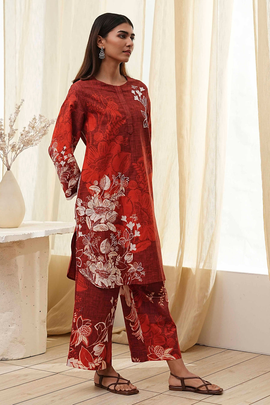 Rust Cotton Floral Straight Kurta Set CO87