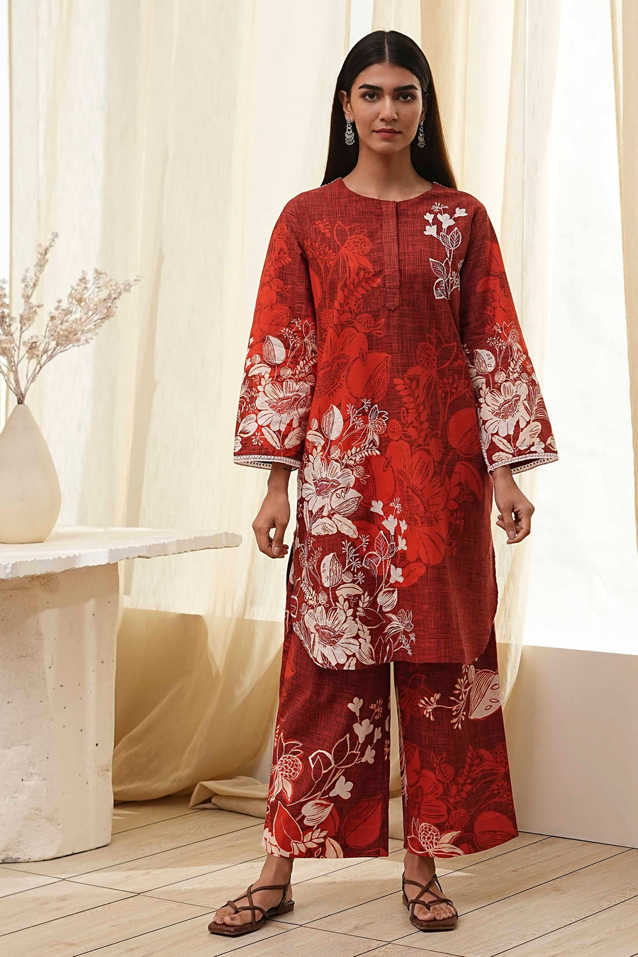 Rust Cotton Floral Straight Kurta Set CO87