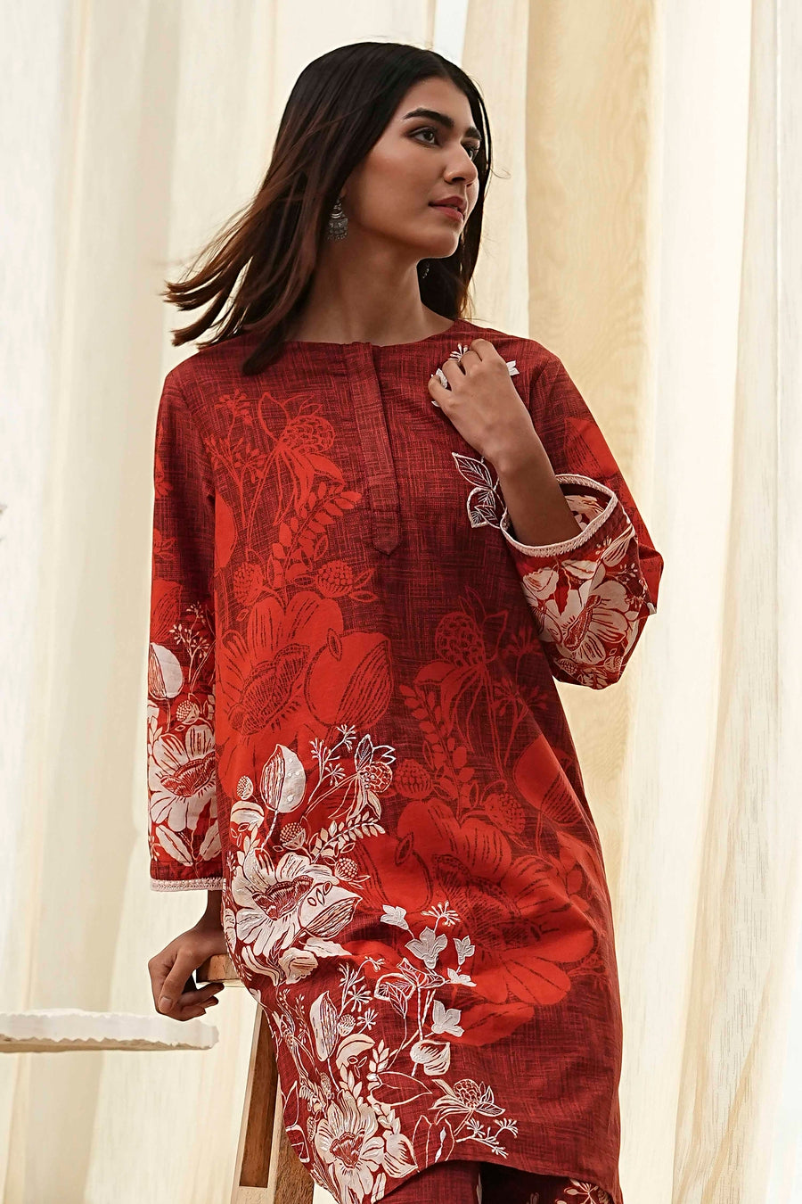 Rust Cotton Floral Straight Kurta Set CO87
