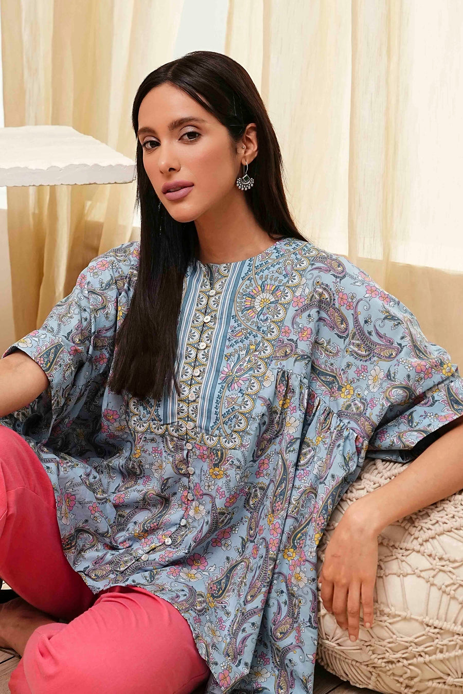 Dull Blue Cotton Flared Short Kurta K60