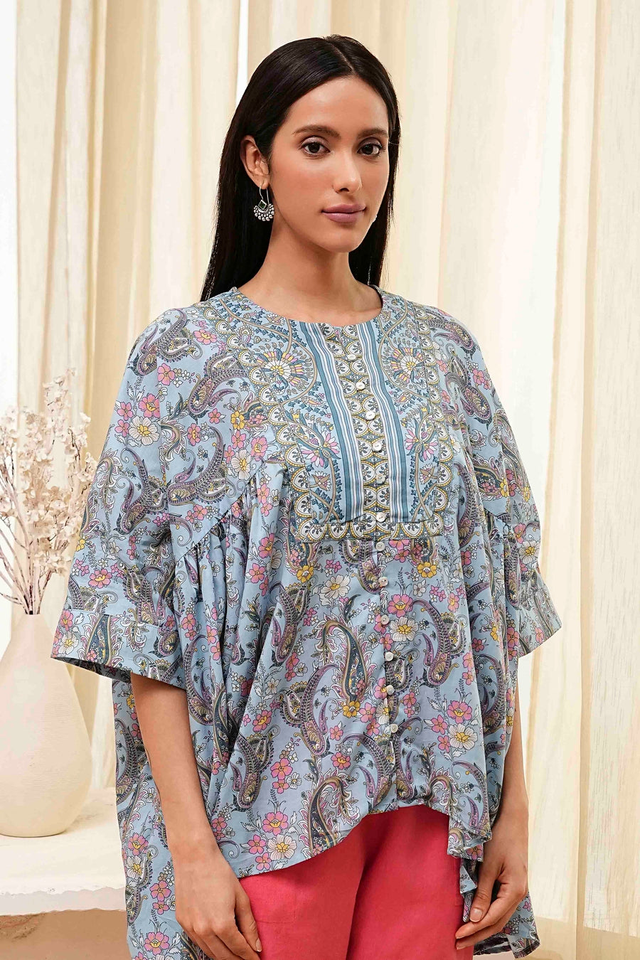 Dull Blue Cotton Flared Short Kurta K60