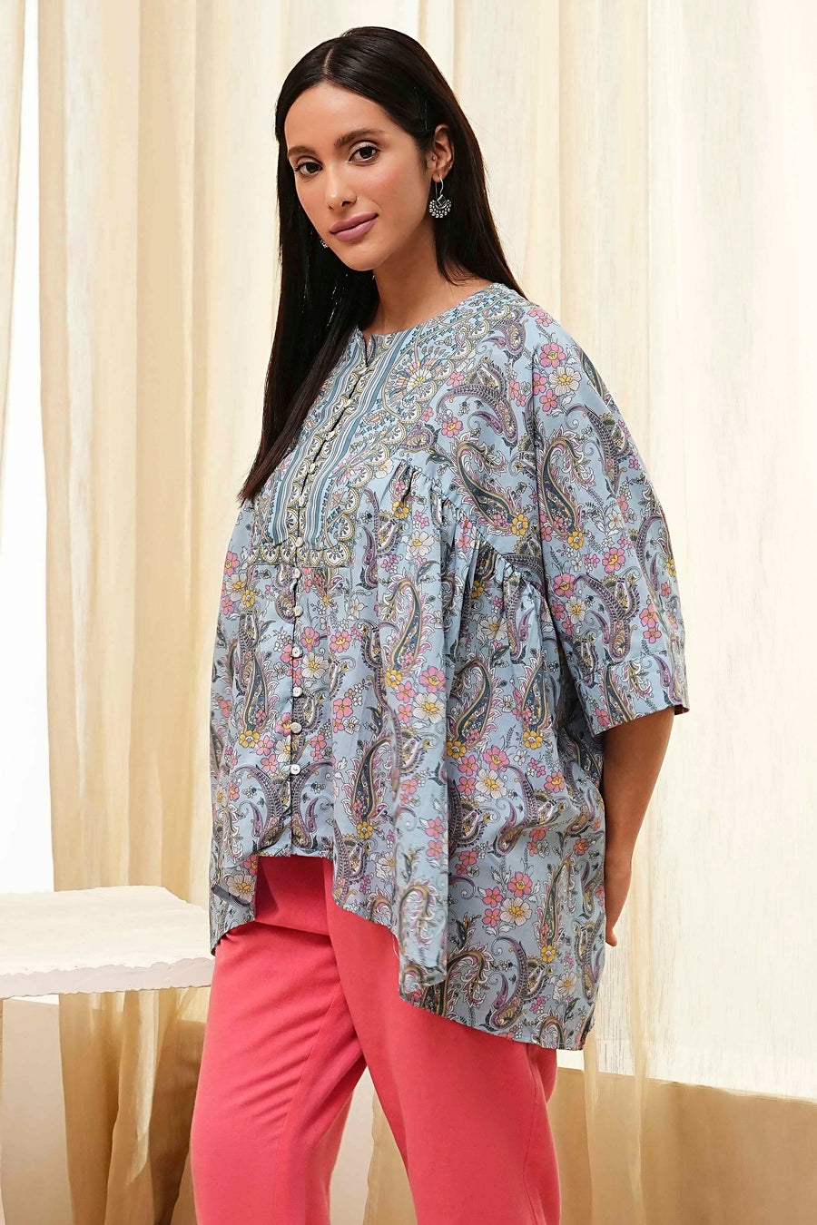 Dull Blue Cotton Flared Short Kurta K60