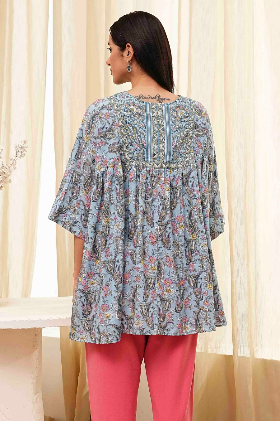 Dull Blue Cotton Flared Short Kurta K60