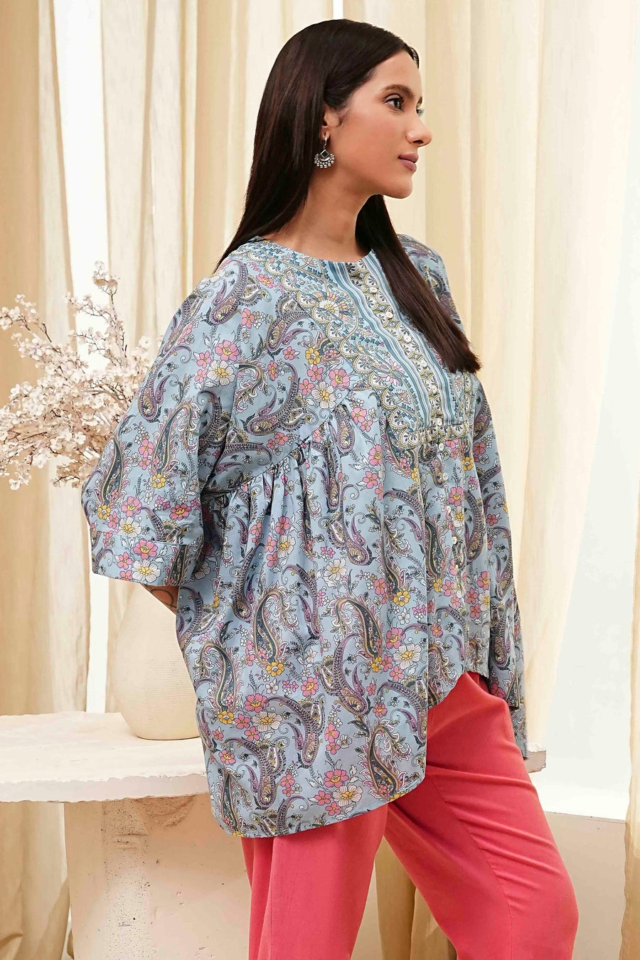 Dull Blue Cotton Flared Short Kurta K60