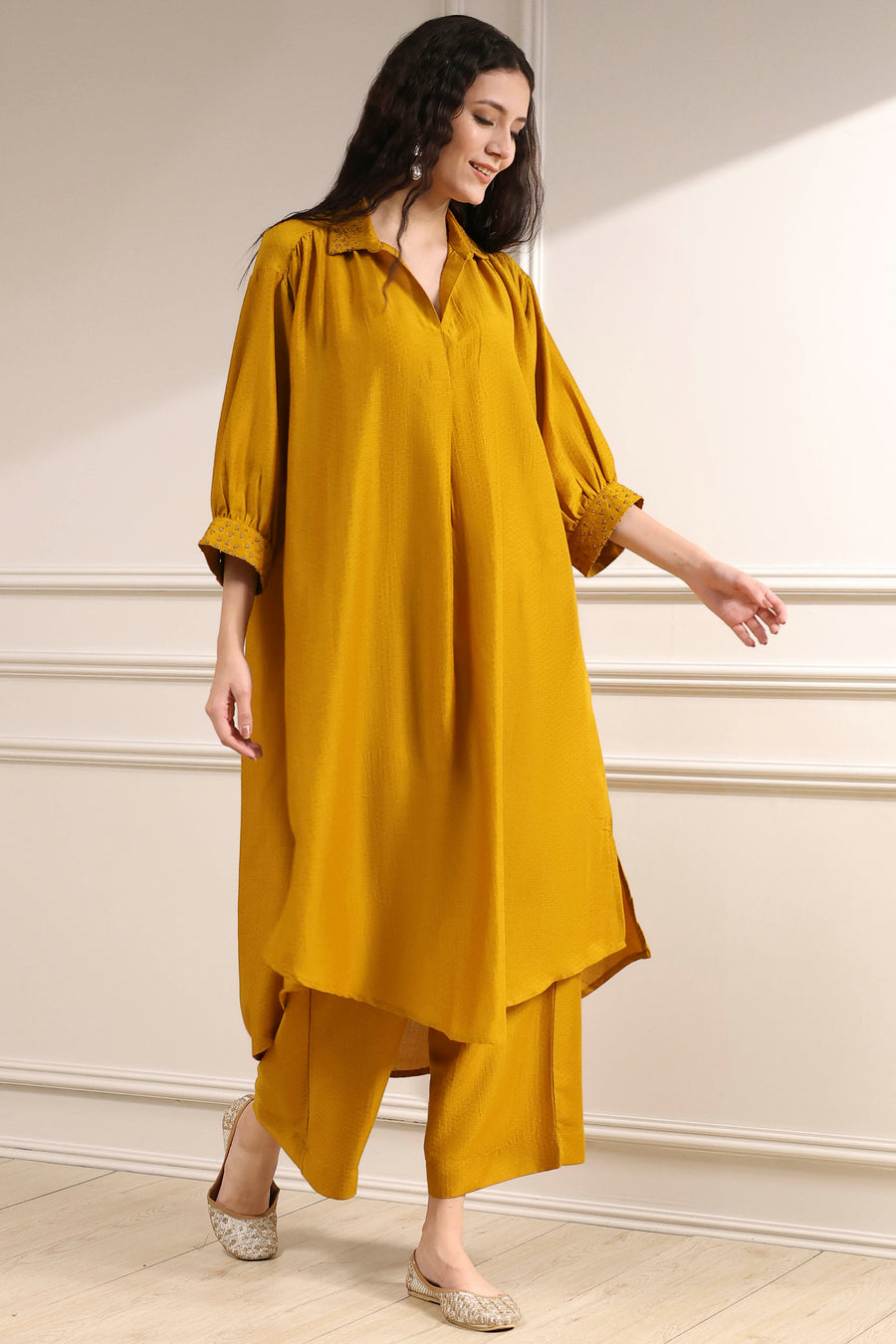 Yellow Polyester Solid A-Line Kurta Set CO87