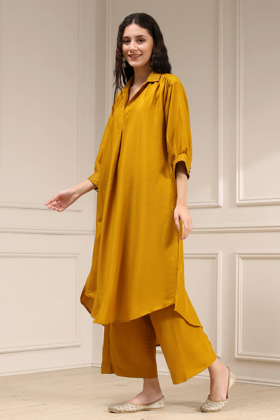 Yellow Polyester Solid A-Line Kurta Set CO87