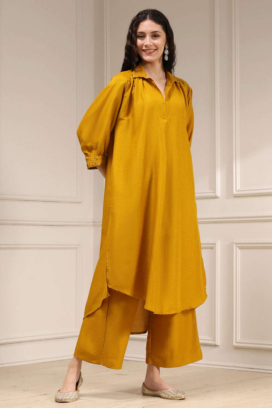 Yellow Polyester Solid A-Line Kurta Set CO87