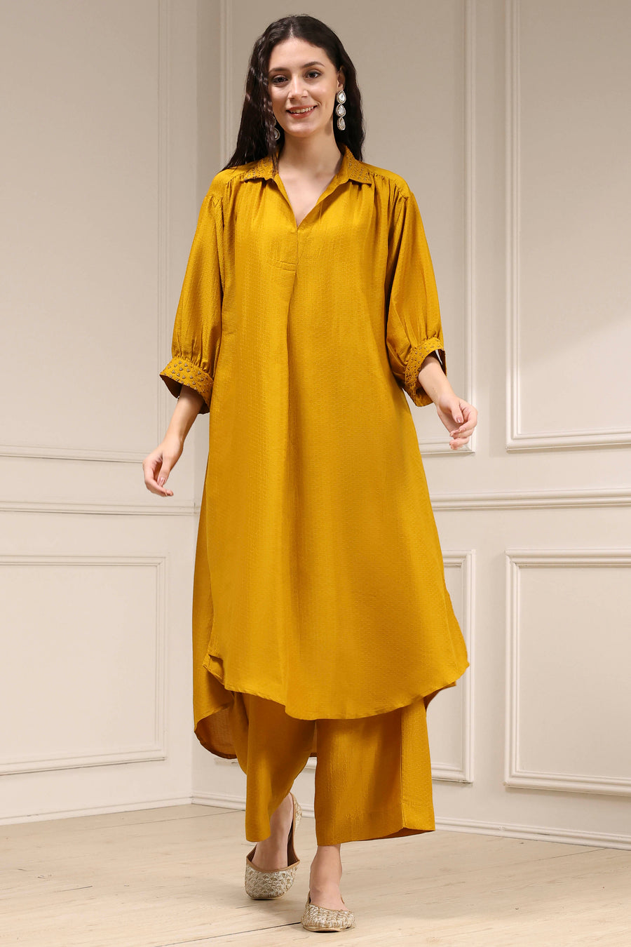 Yellow Polyester Solid A-Line Kurta Set CO87