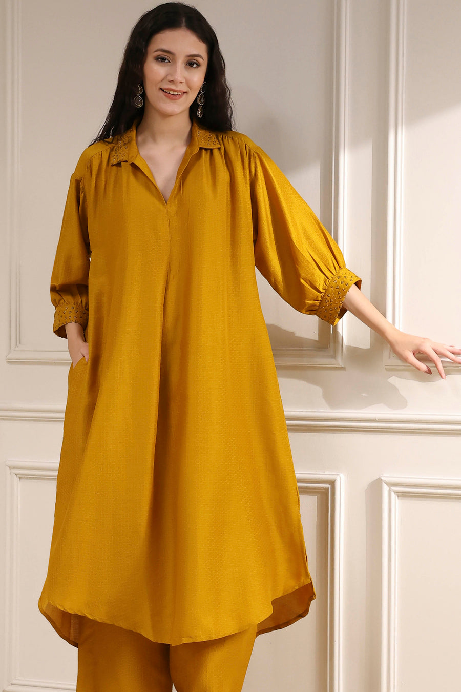 Yellow Polyester Solid A-Line Kurta Set CO87