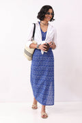 Royal Blue Cotton Abstrast Smocked Back Crop Top K60