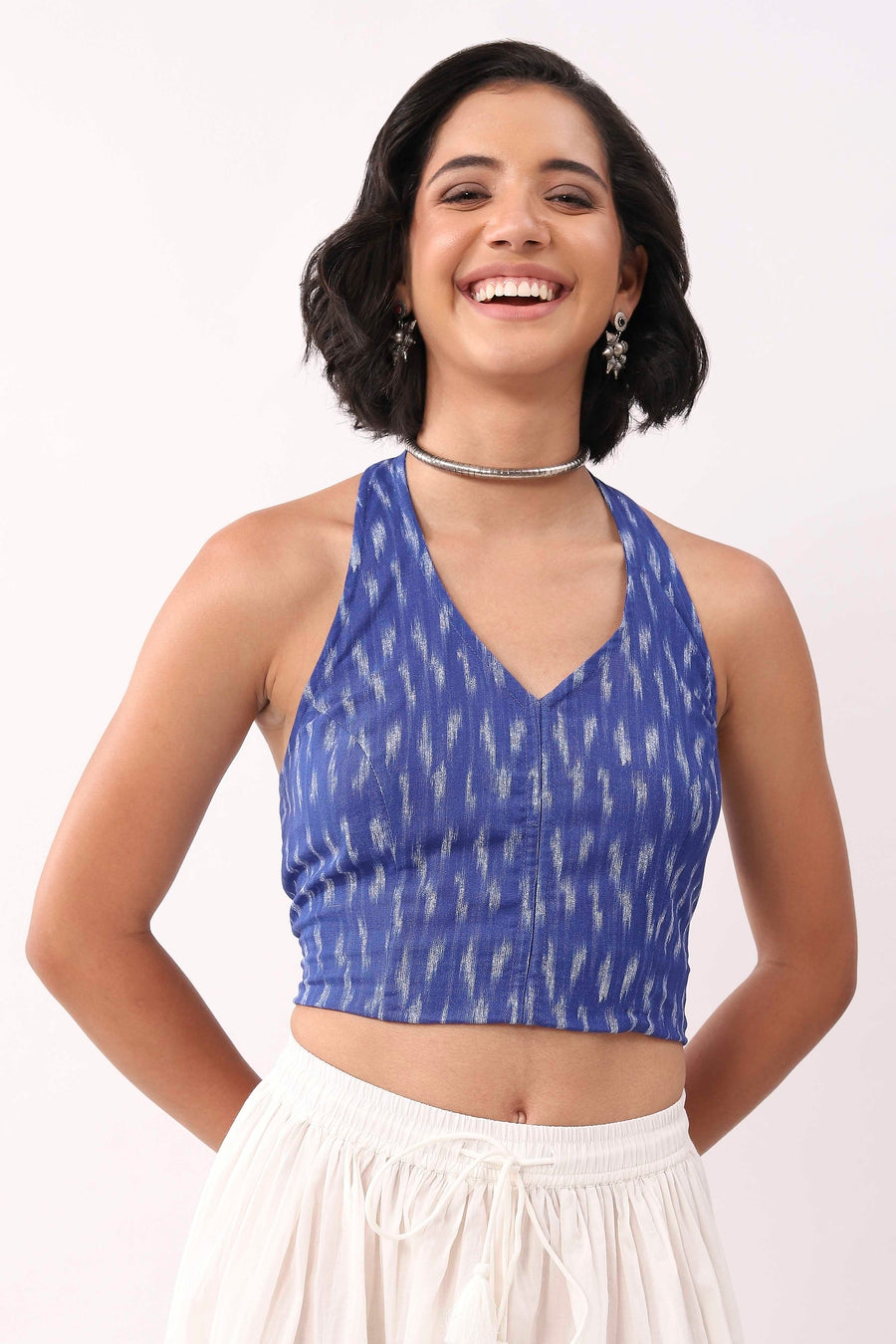 Royal Blue Cotton Abstrast Smocked Back Crop Top K60