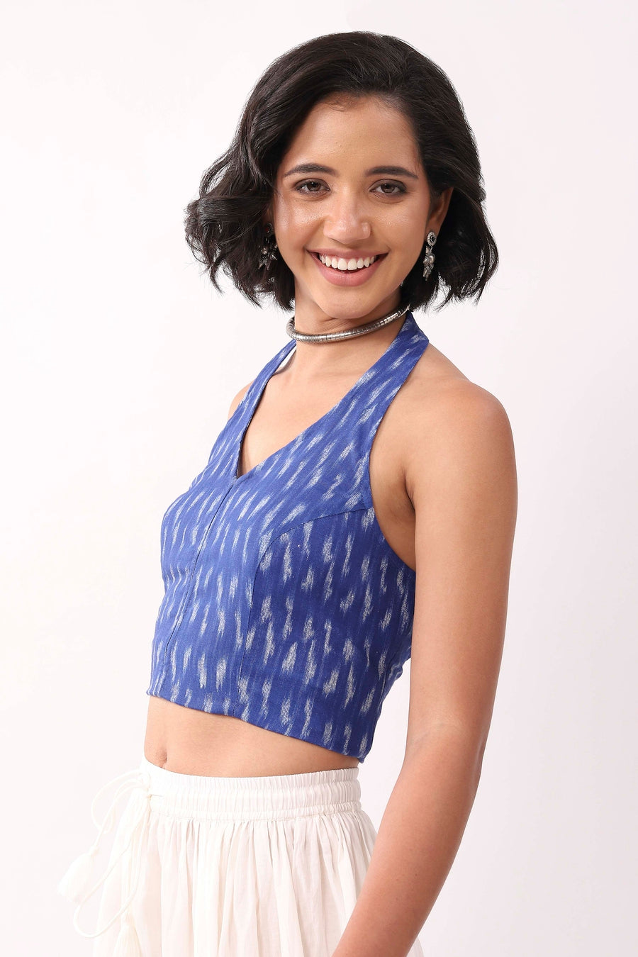 Royal Blue Cotton Abstrast Smocked Back Crop Top K60