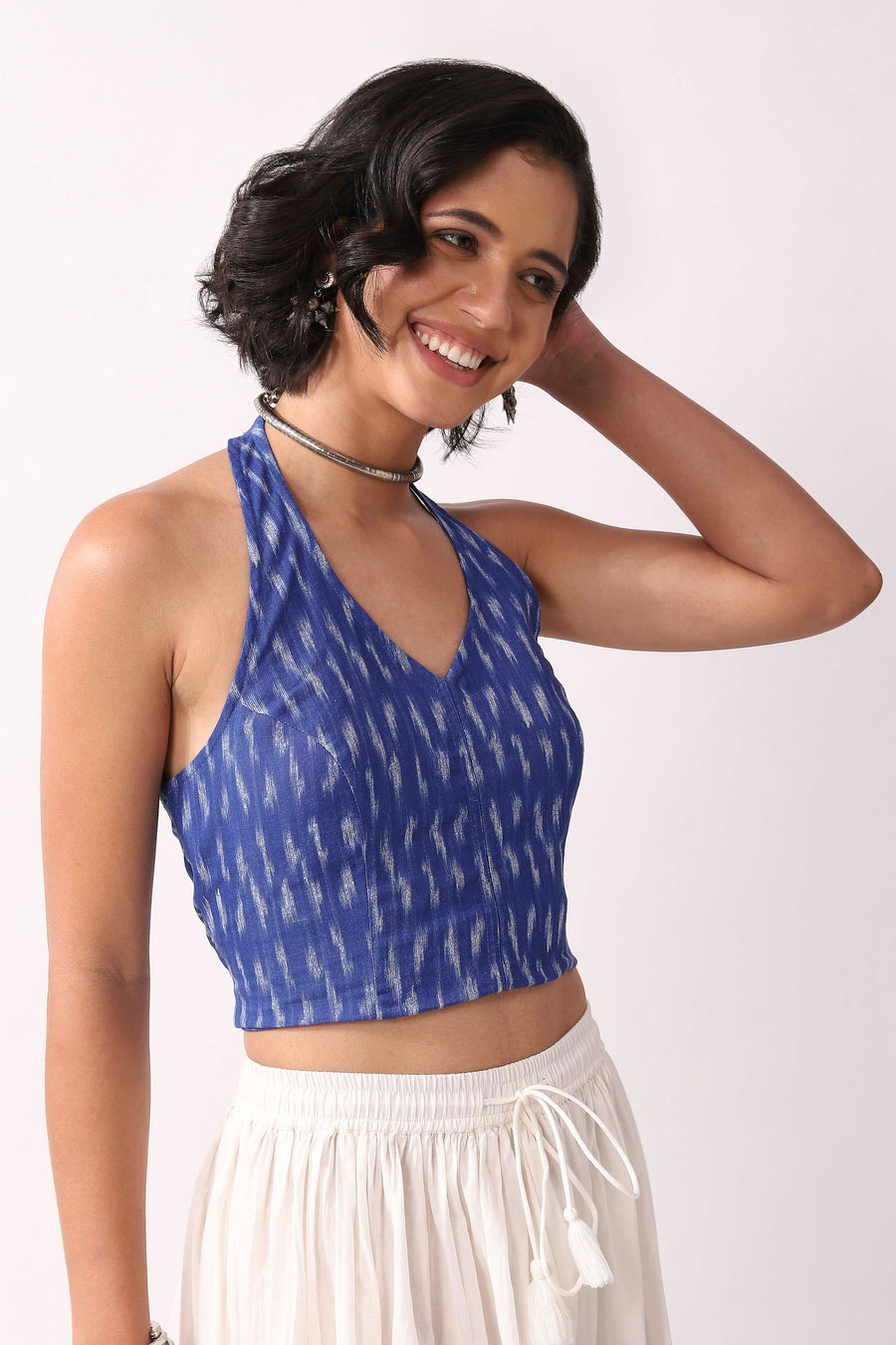 Royal Blue Cotton Abstrast Smocked Back Crop Top K60