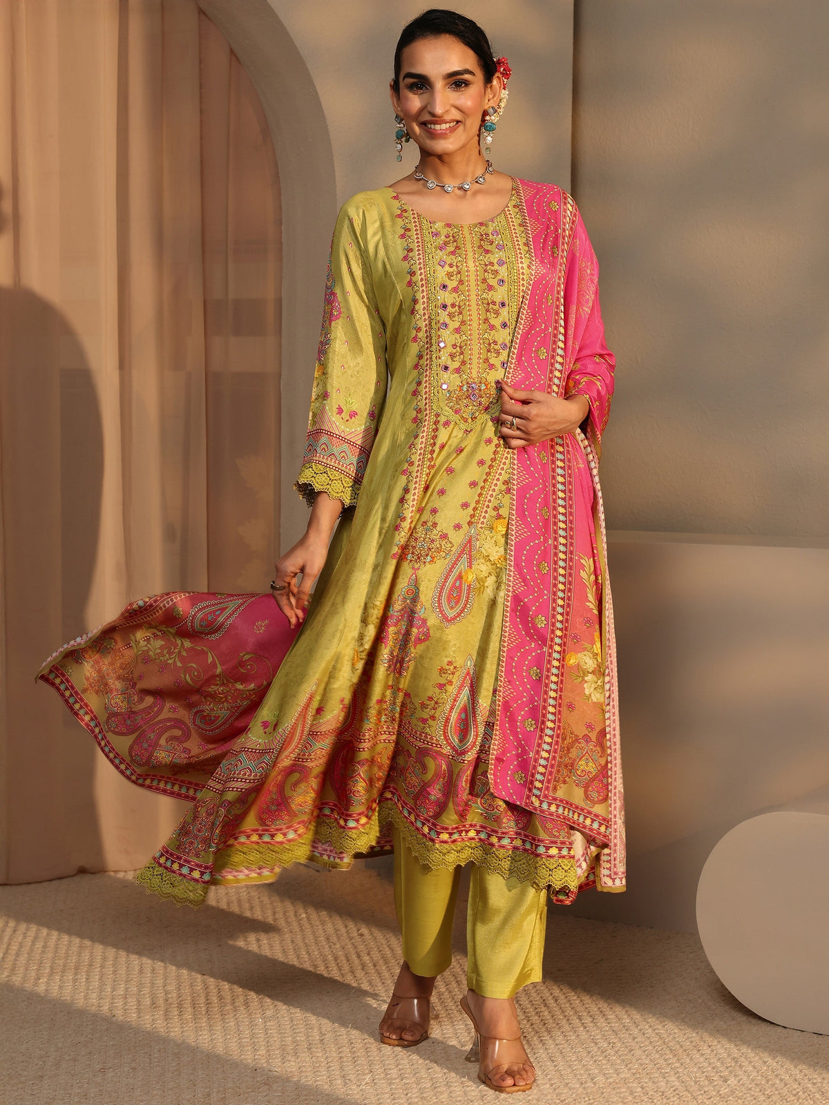Libas Multi Floral Silk Blend A-Line Suit Set With Dupatta