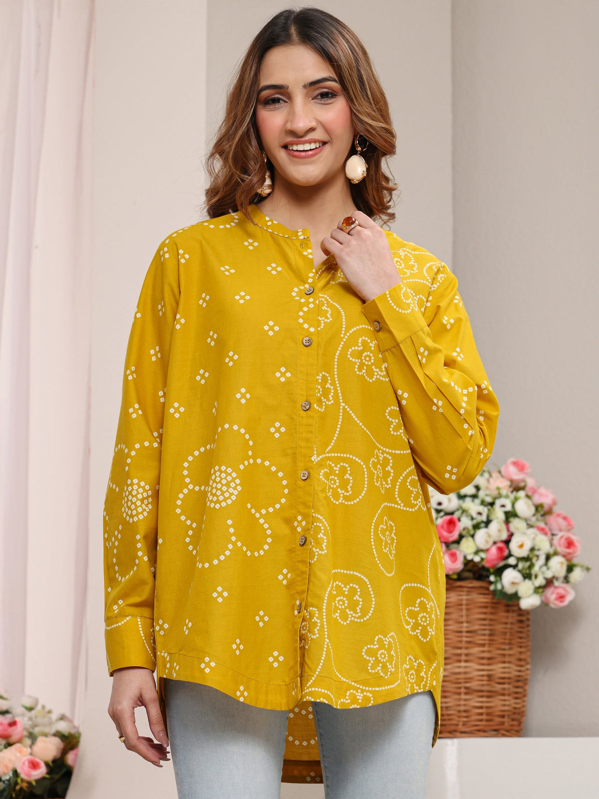 Libas Mustard Bandhani Printed Cotton Shirt